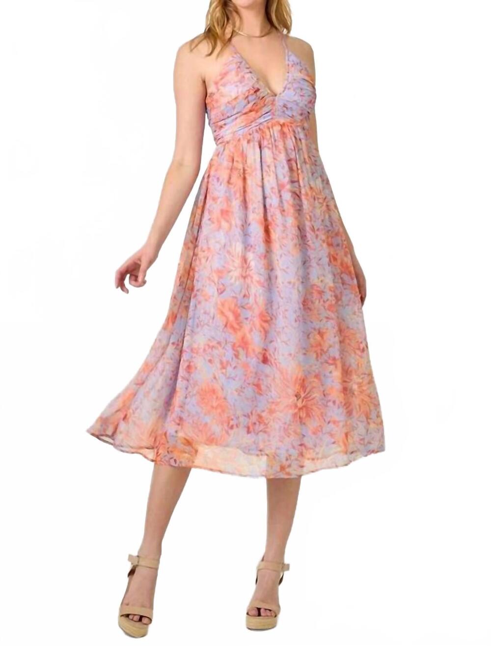 NEW MYSTREE criss cross back midi dress in blue multi